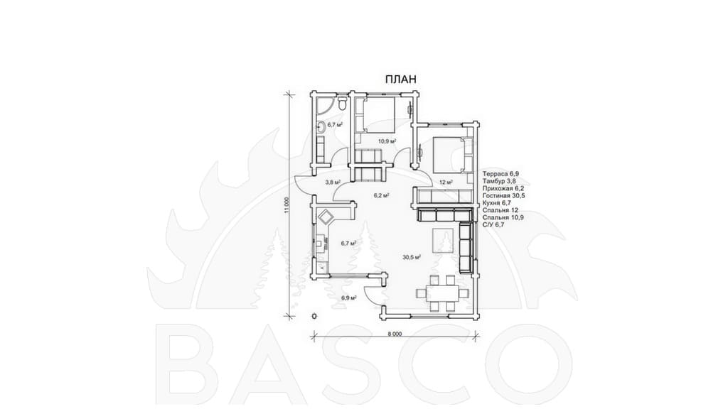 Одноэтажный коттедж 11 на 8 м с 2 спальнями — «Арселика» — План 1-го этажа