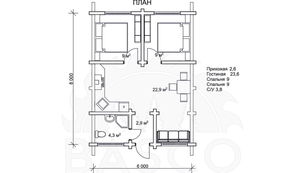 Одноэтажный бревенчатый дом — «Лекид2» — План 1-го этажа